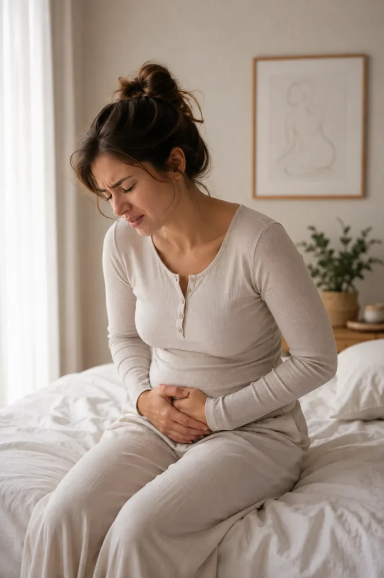 אישה יושבת על המיטה ואוחזת בבטנה בכאב